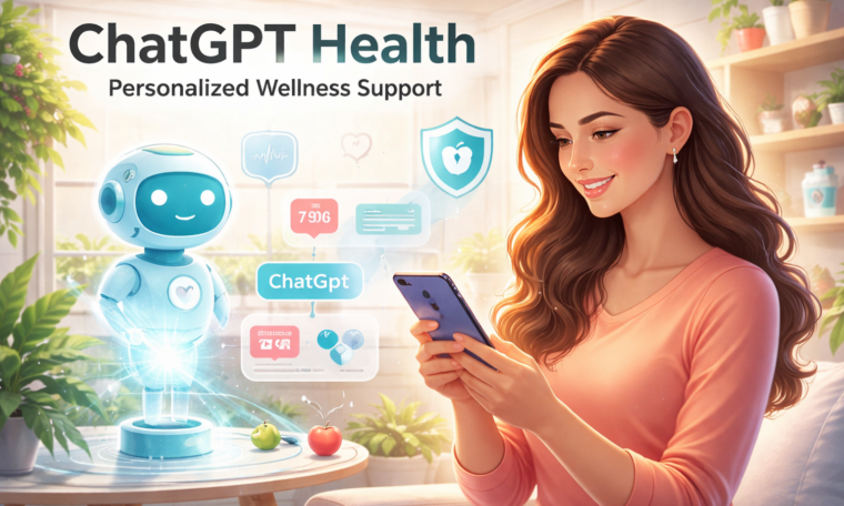 Illustration of a woman using ChatGPT Health app on her smartphone with an AI assistant hologram, showing personalized wellness data and health insights.