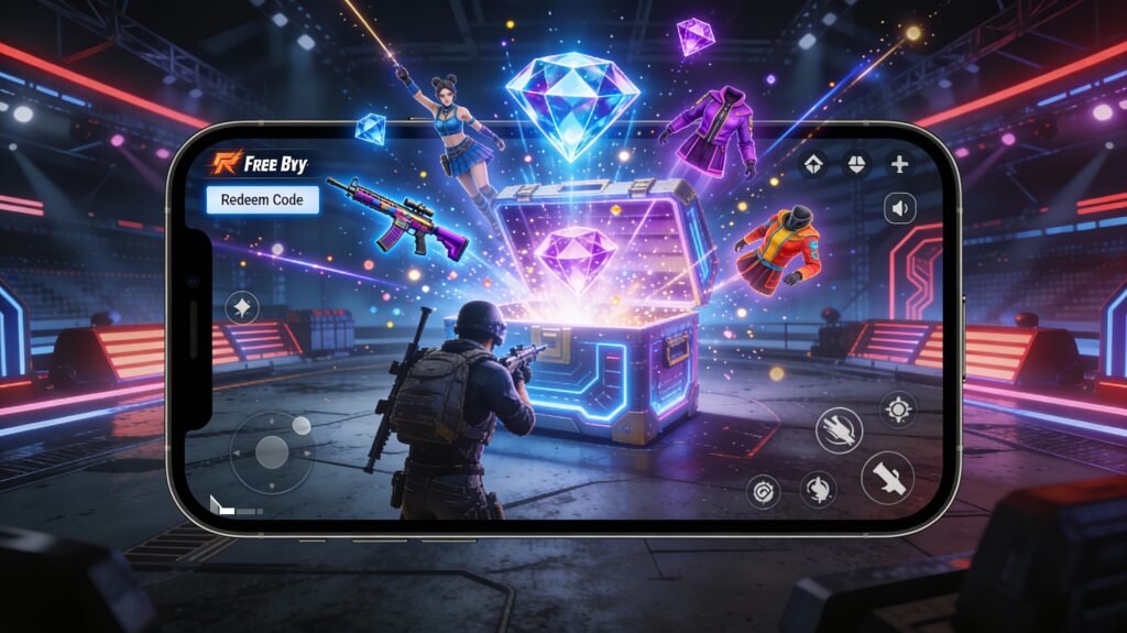 Free Fire redeem code rewards including diamonds, weapon skins and outfits