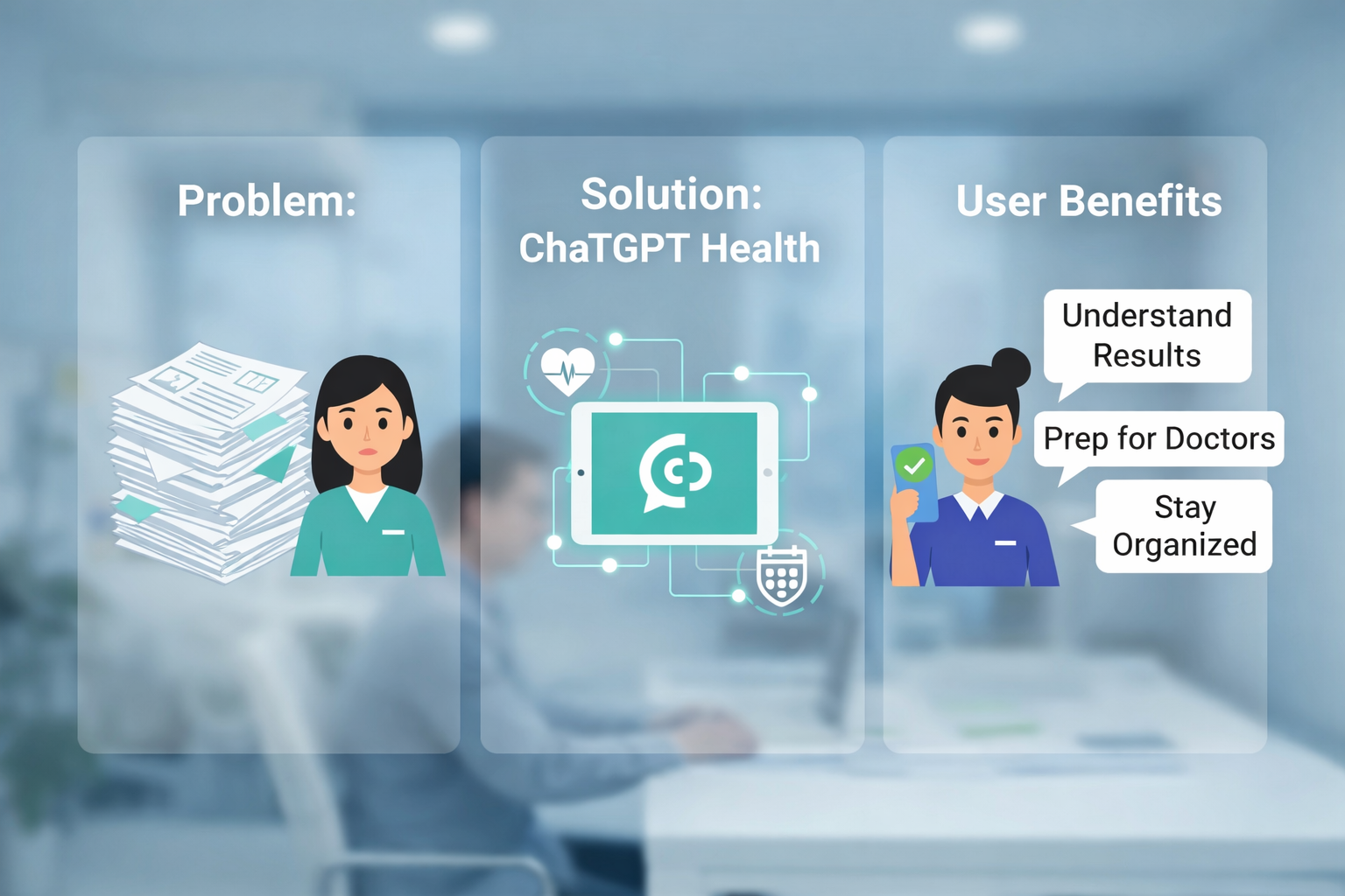Infographic showing ChatGPT Health solving healthcare challenges by organising medical records and improving user understanding and preparation for doctor visits