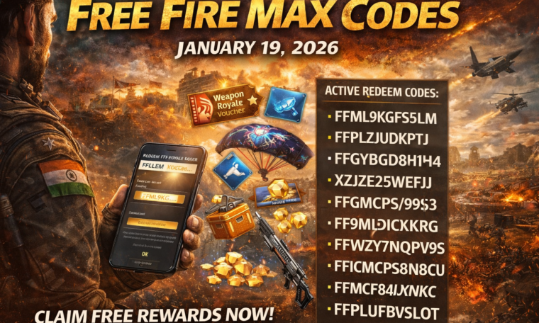 Free Fire Max Codes for January 19, 2026 showing a battle royale character redeeming codes for free rewards, skins, and vouchers
