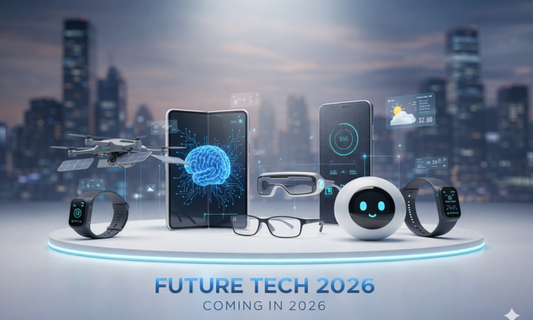 Future tech 2026 showcasing smart gadgets, AI-powered devices, wearable technology, and advanced digital innovation.
