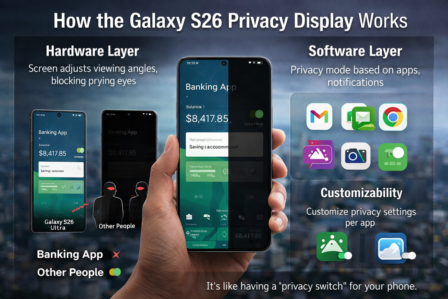 Galaxy S26 Privacy Display showing hardware and software privacy protection blocking side viewing