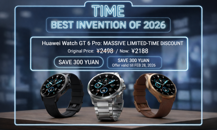 Huawei Watch GT 6 Pro smartwatches displayed in a rectangular promotional banner showing limited-time discount and Best Invention of 2026 award