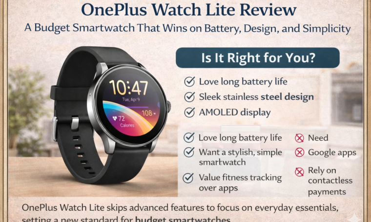 OnePlus Watch Lite smartwatch featuring a stainless steel body, black strap, AMOLED display, and long battery life in a rectangular promotional layout.