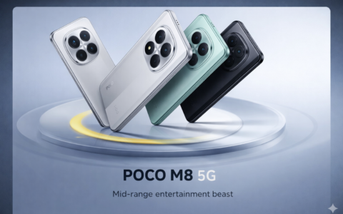 Back view of Poco M8 5G in Glacial Blue showing the 50MP dual camera setup and premium finish.