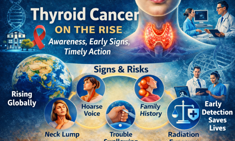 thyroid cancer on the rise with highlighted thyroid gland, early symptoms like neck lump and hoarse voice, and key risk factors.
