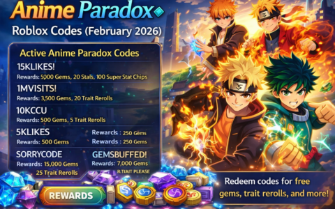 Anime Paradox Roblox codes promo with anime-style characters and gem rewards.