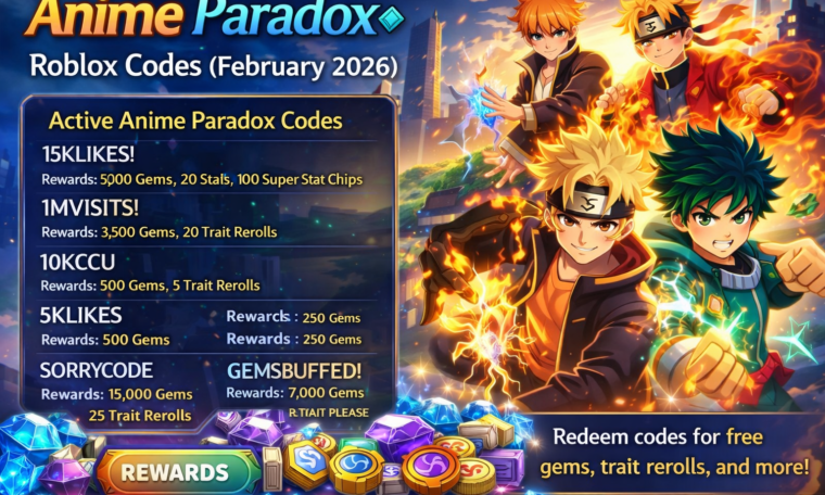 Anime Paradox Roblox codes promo with anime-style characters and gem rewards.